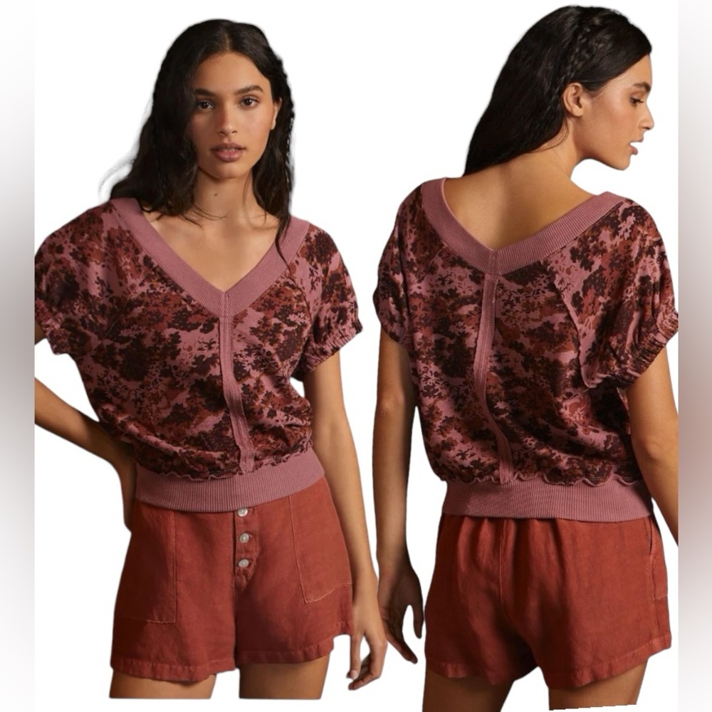 Pilcro Anthropologie Short Sleeve Floral Sweatshirt Top